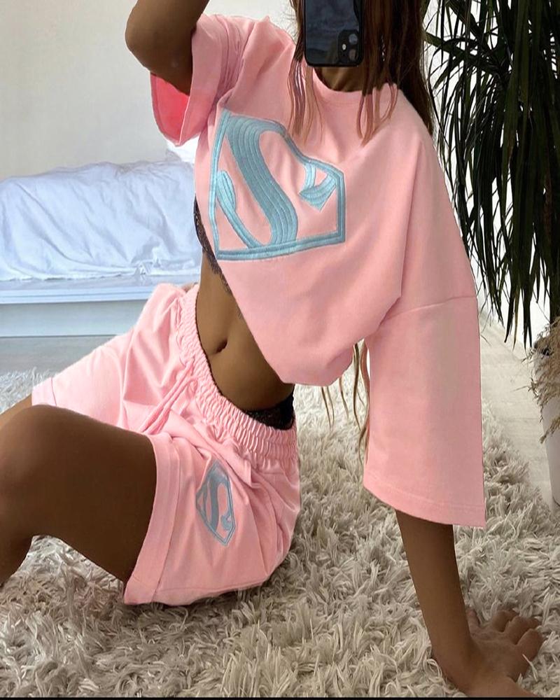 

Short Sleeve Embroidery Top & Drawstring Shorts Set, Pink