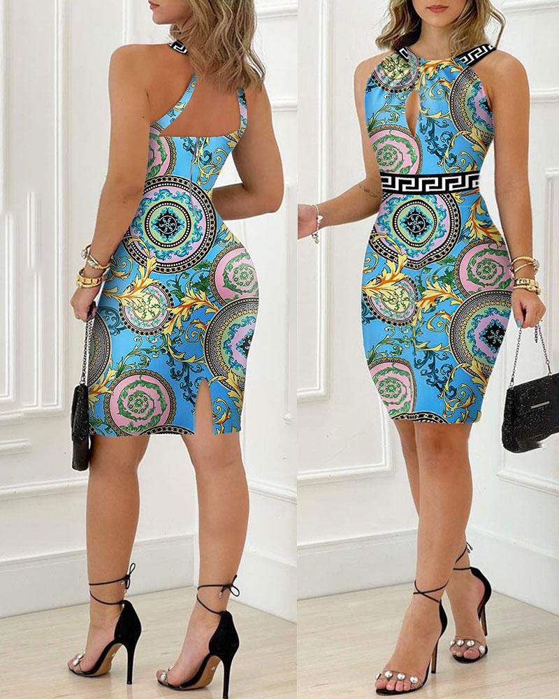 

Baroque Print Sleeveless Party Dress, Blue