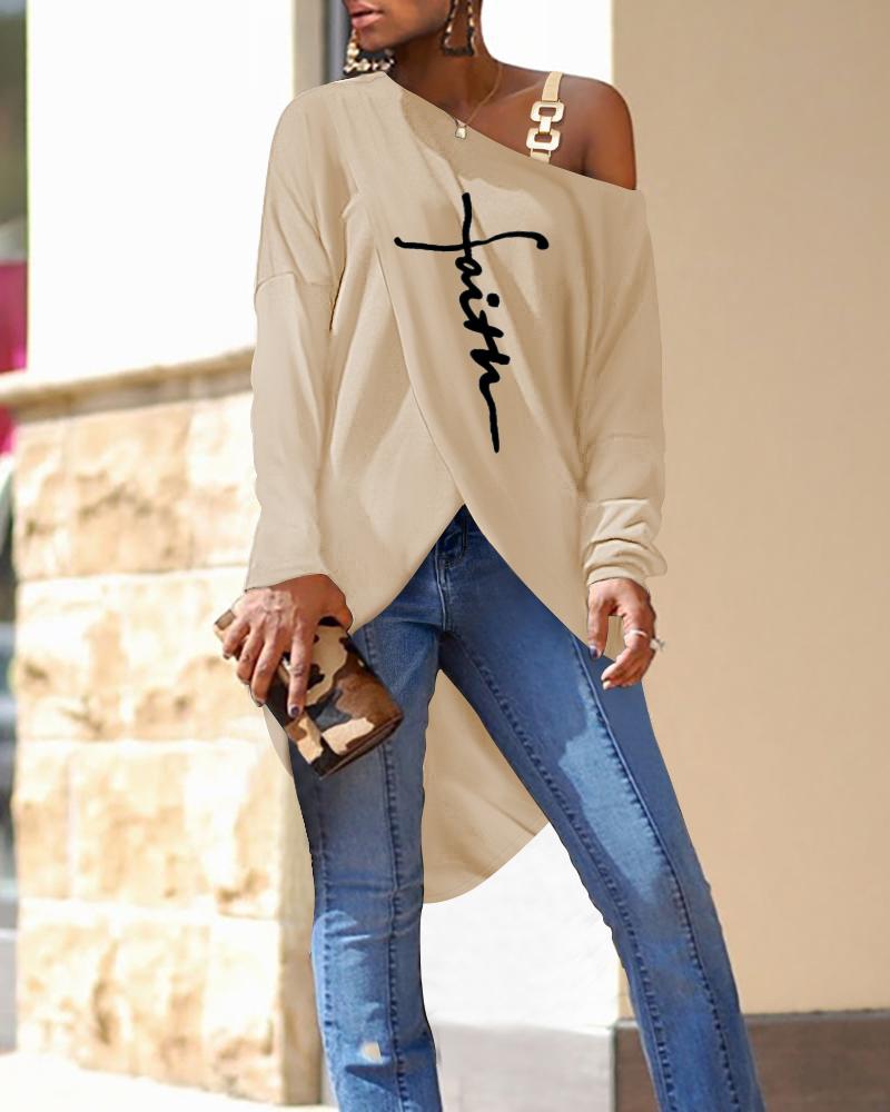 

Letter Print Cold Shoulder Asymmetrical Hem Top, Apricot