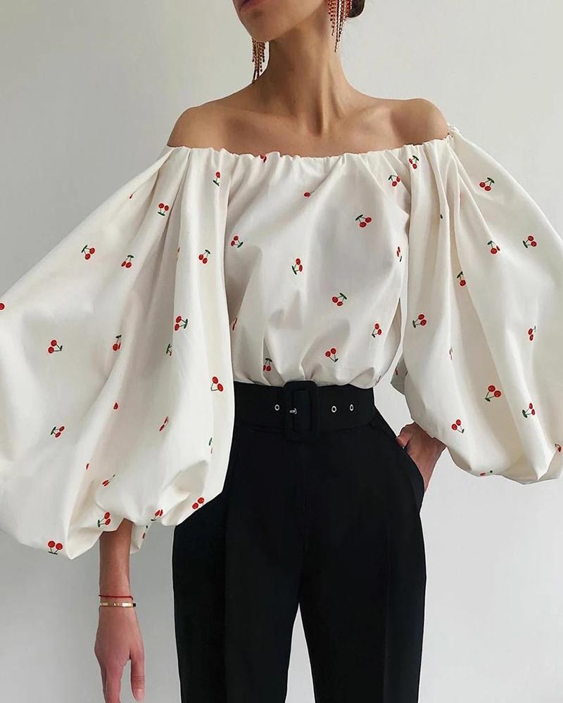 

Off Shoulder Cherry Print Lantern Sleeve Top, Beige