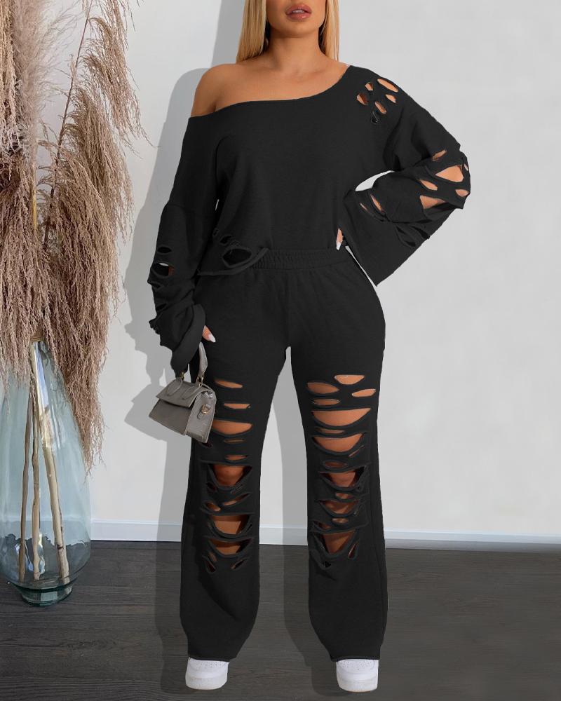

Hollow Out Long Sleeve Top & Pants Set, Black