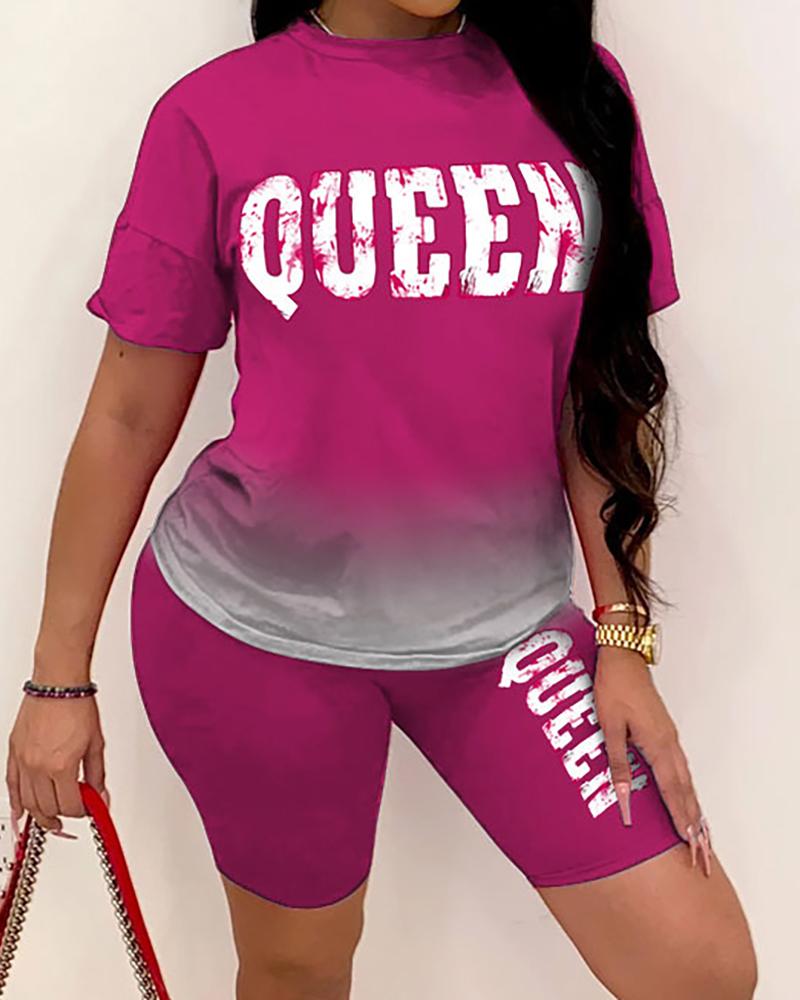 

Ombre Colorblock Letter Print Top & Shorts Set, Hot pink