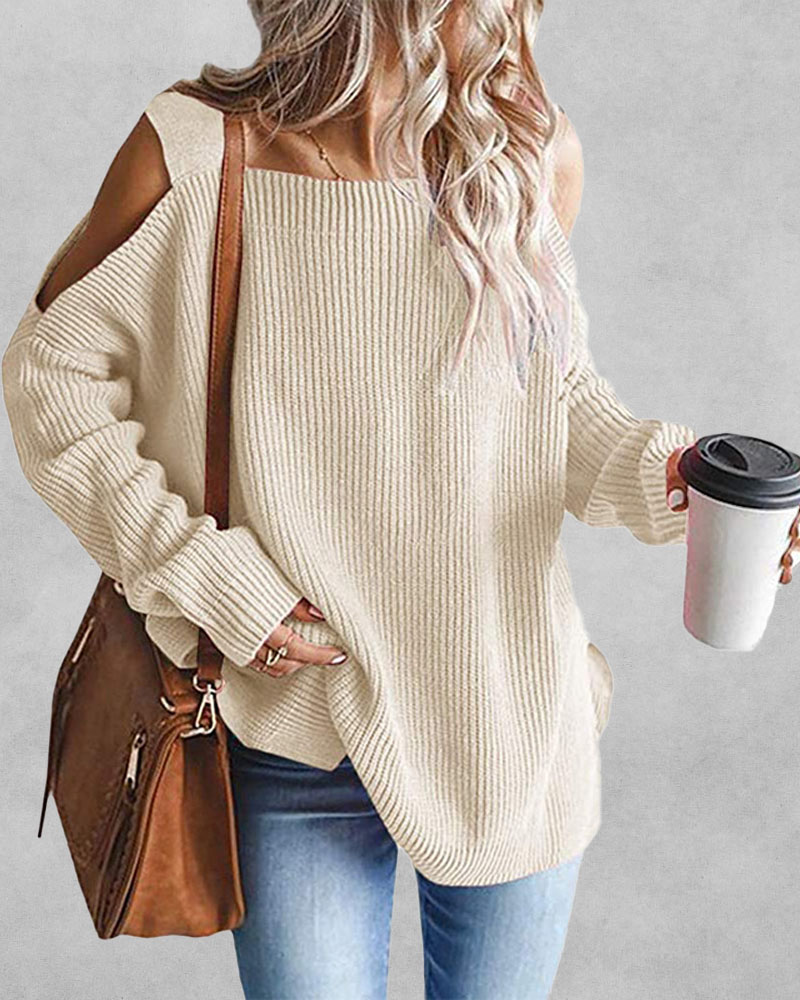 

Cold Shoulder Chunky Knit Sweater, Apricot