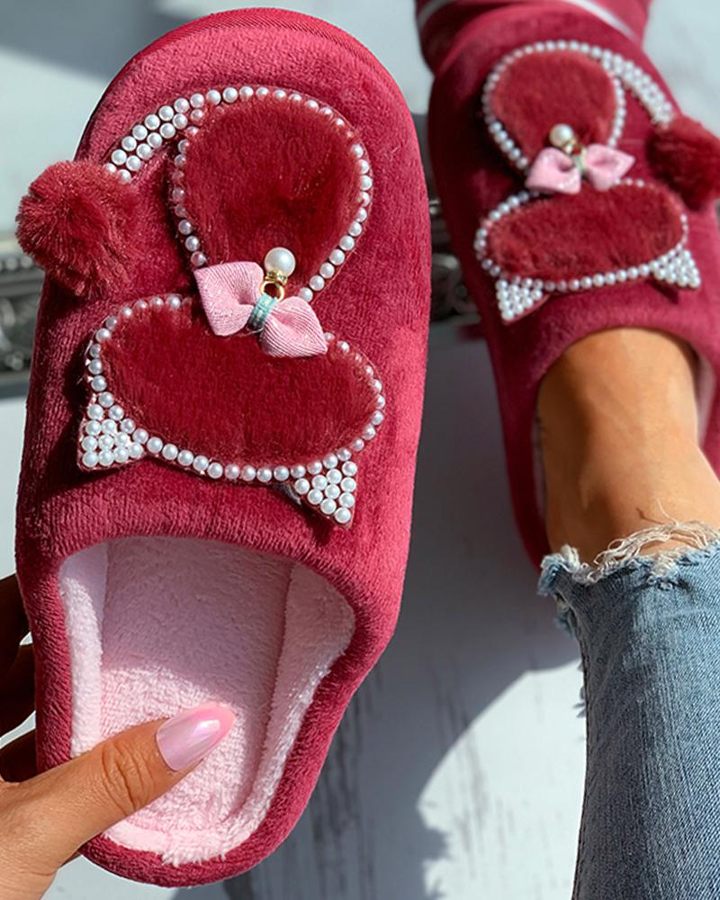 

Cat Pattern Beaded Bowknot Slippers, Red