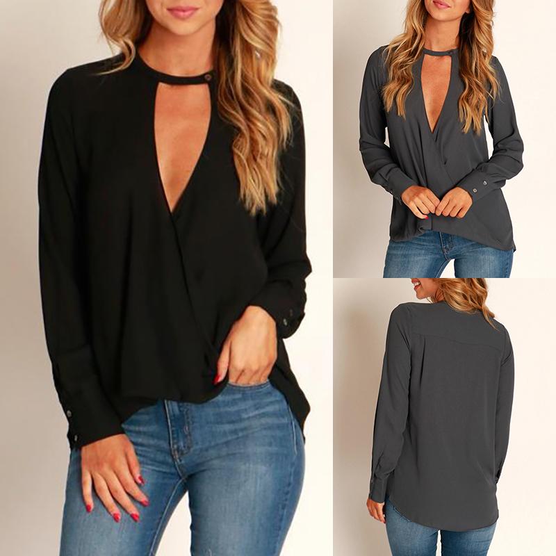 

Fashion Keyhole Design Cross High-low Plunge Loose Blouse, Dark grey