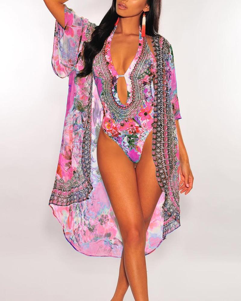 

Floral Print One Piece Swimwear With Cover Up, Hot pink