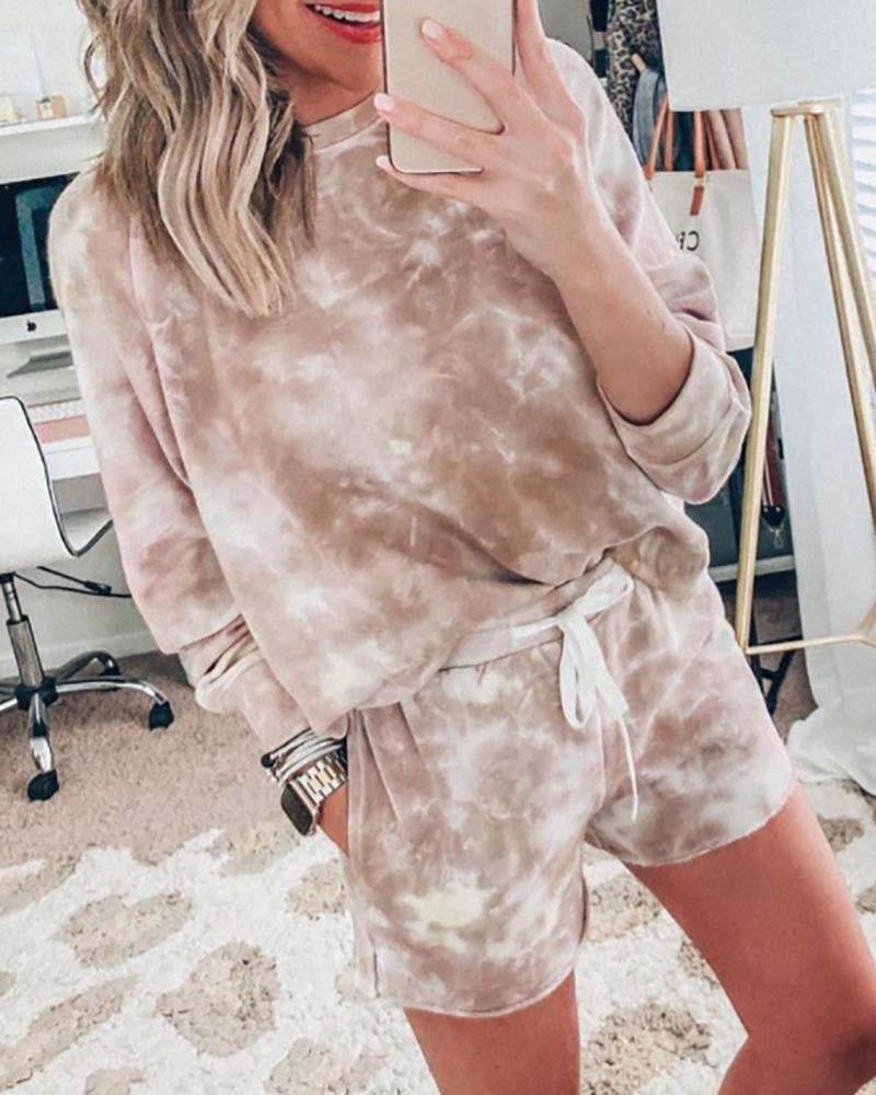 

Tie Dye Print Casual Women Top & Drawstring Shorts Set, Brown