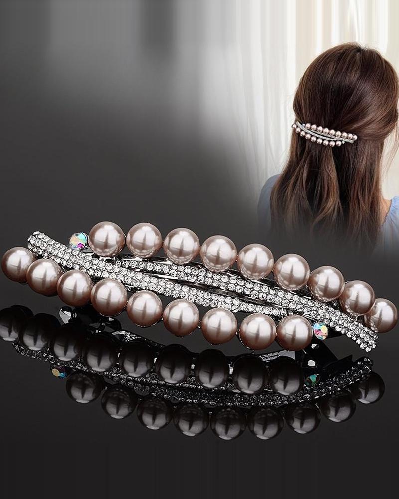 

1pc Rhinestone Pearls Beaded Fashionable Hair Clip, Champagne