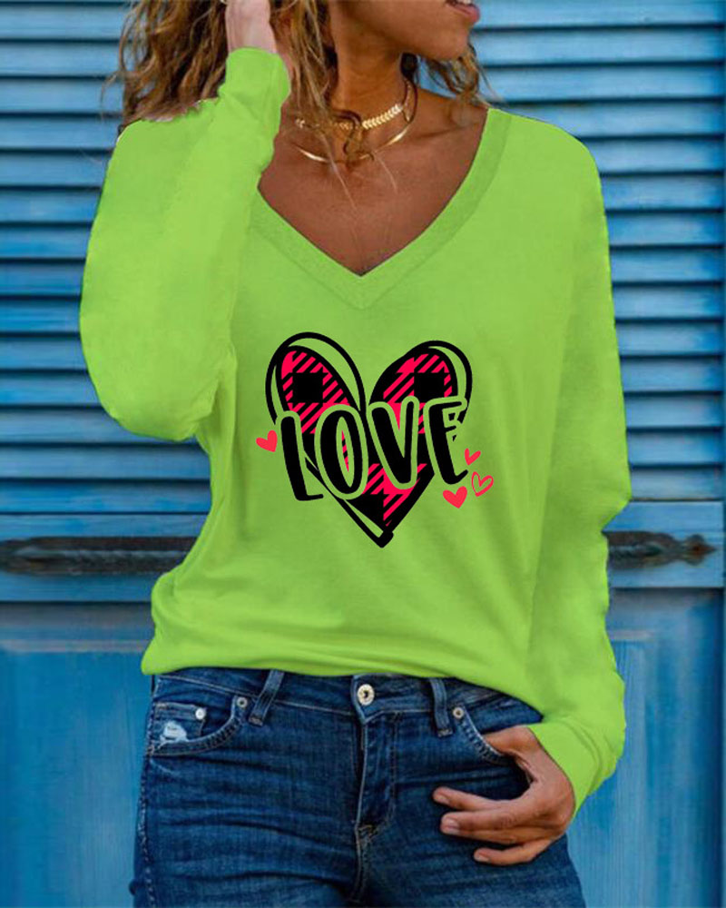 

Heart Letter Print Long Sleeve V-Neck Top, Green