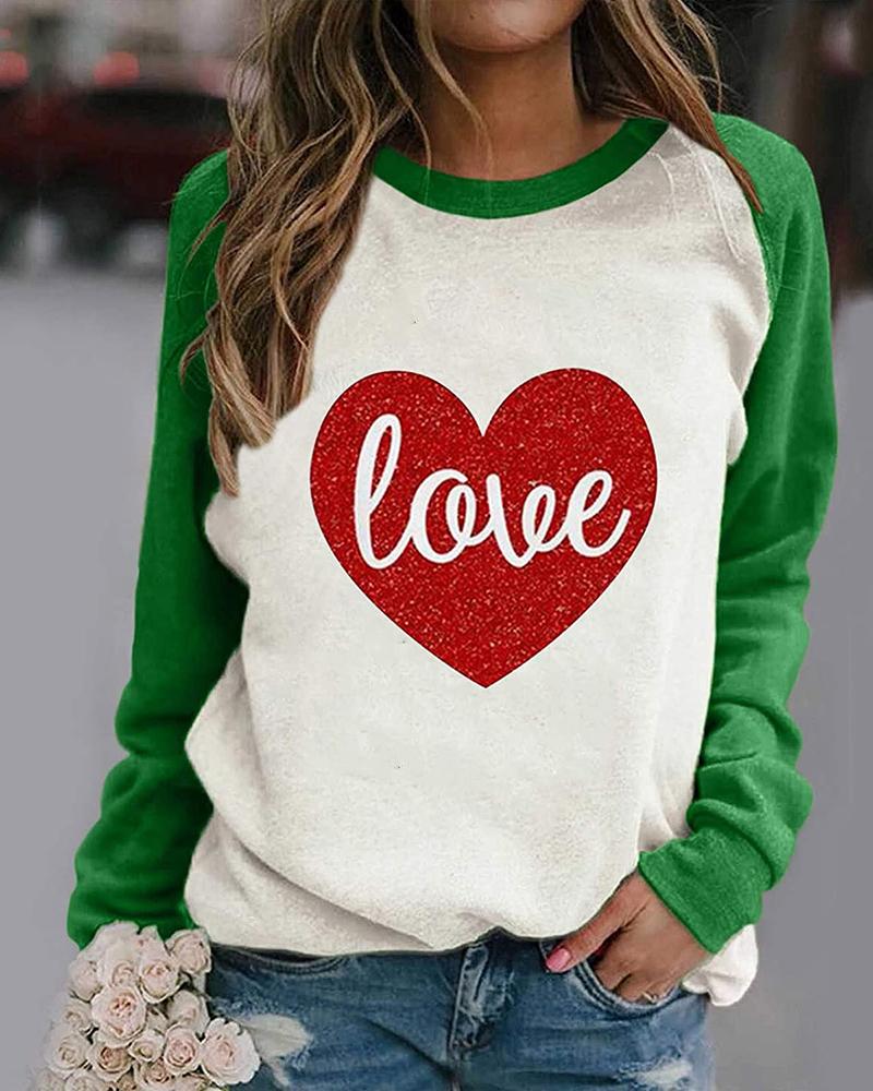 

Heart Print Long Sleeve Colorblock T-shirt, Green