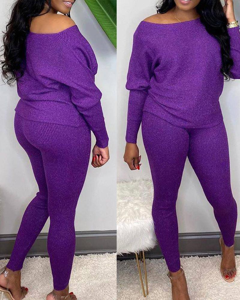 

Plain Ribbed Top & Pants Set, Purple