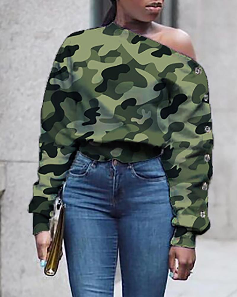 

Skew Neck Camouflage Long Sleeve Buttoned Blouse, Army green