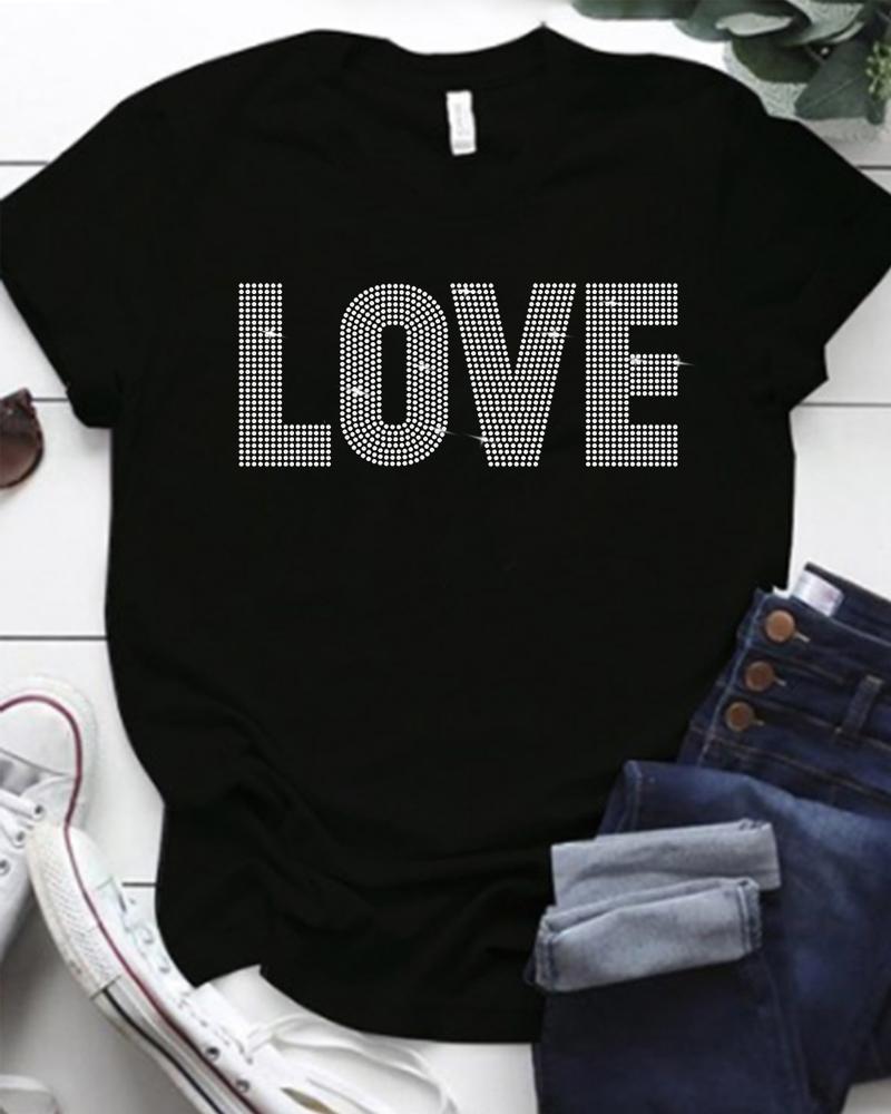 

Love Rhinestone Short Sleeve Casual T-shirt, Black