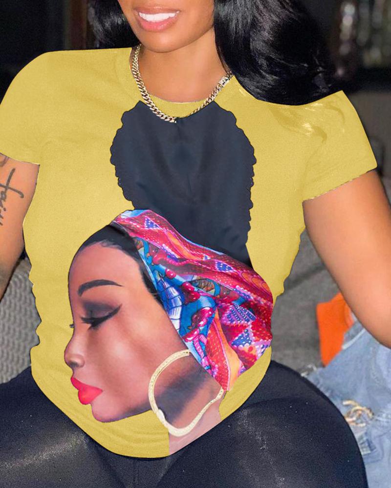 

Figure Print Short Sleeve T-shirt, Yellow