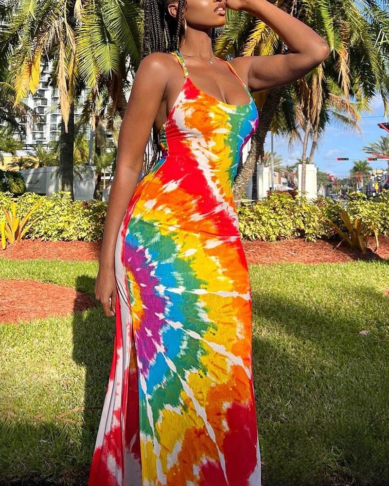 

Tie Dye Print Sleeveless Slit Maxi Dress, Multicolor