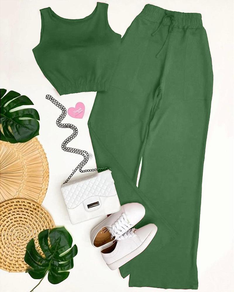 

Crop Tank Top & Wide Leg Pants Set, Dark green