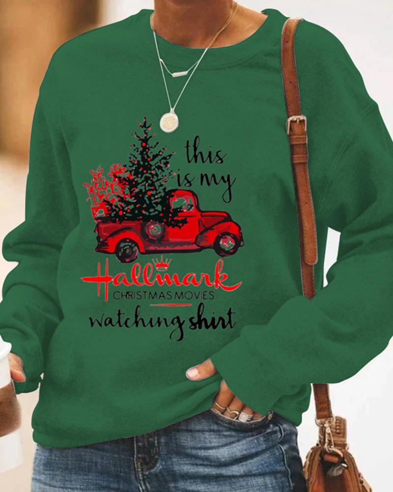 

Christmas Letter Car Print Long Sleeve Casual Sweatshirt, Green