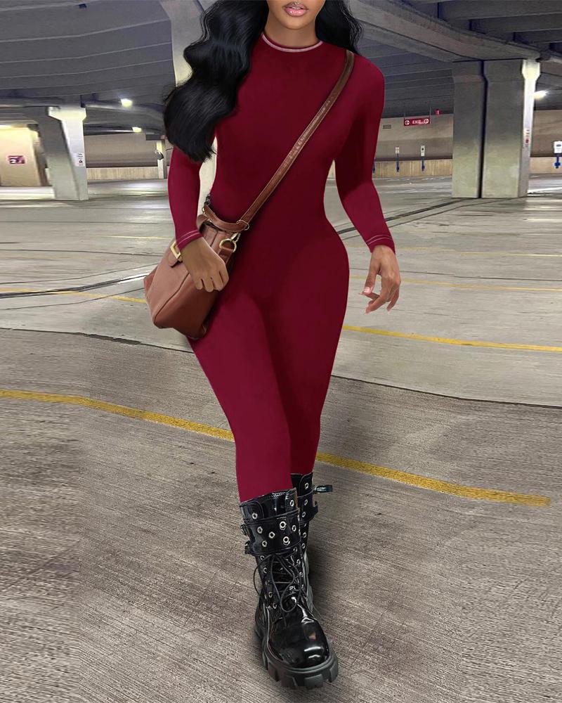 

Plain Long Sleeve Skinny Jumpsuit, Wine red