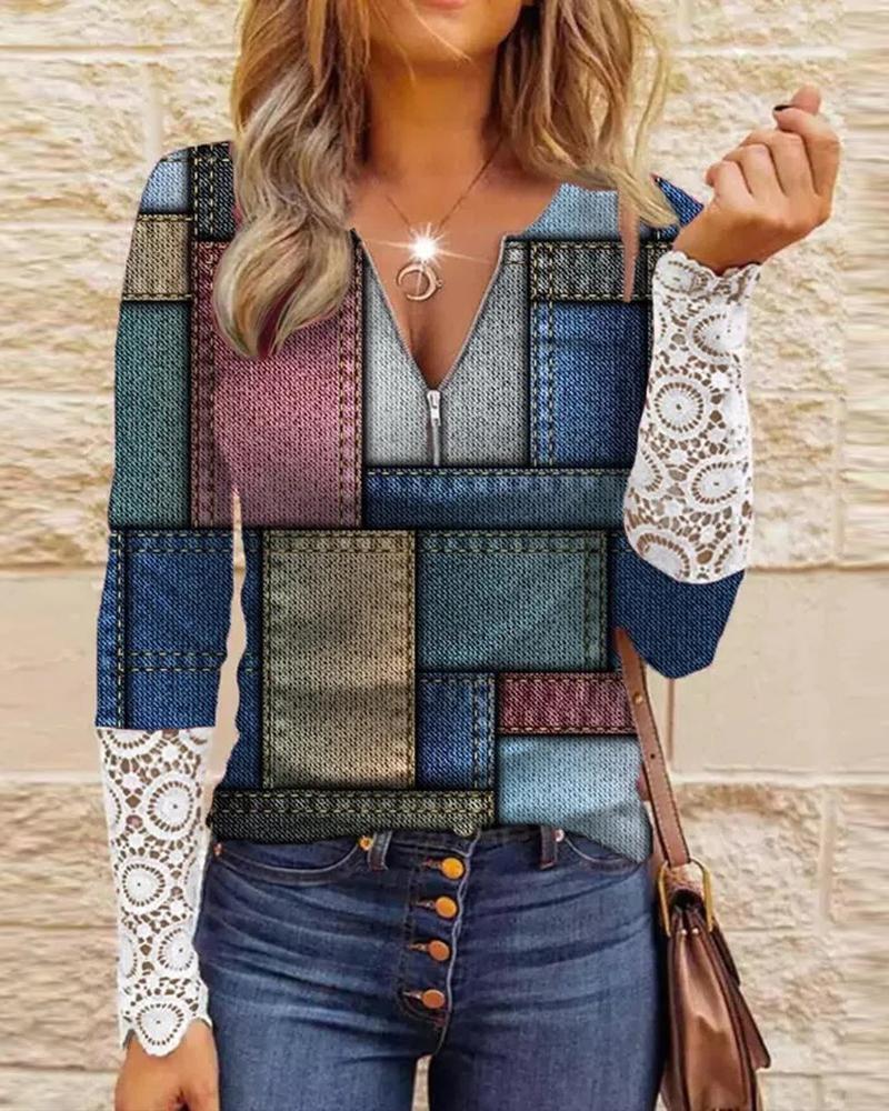 

Denim Look Print Contrast Lace Long Sleeve Top, Multicolor