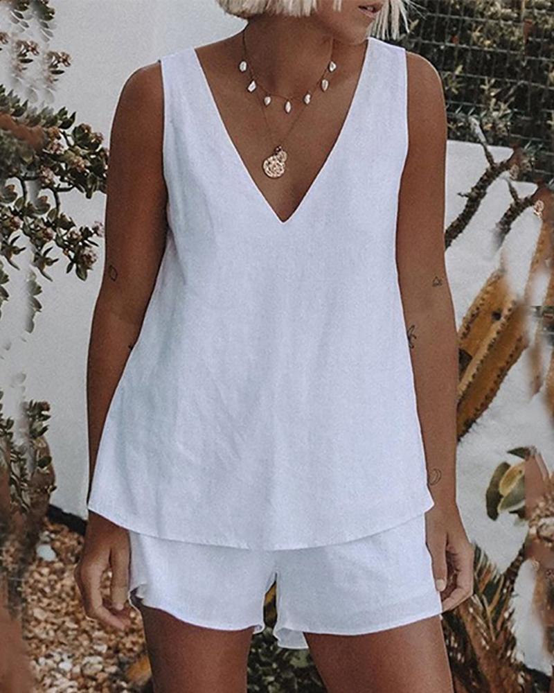 

Thick Strap V Neck Casual Top & Shorts Set, White