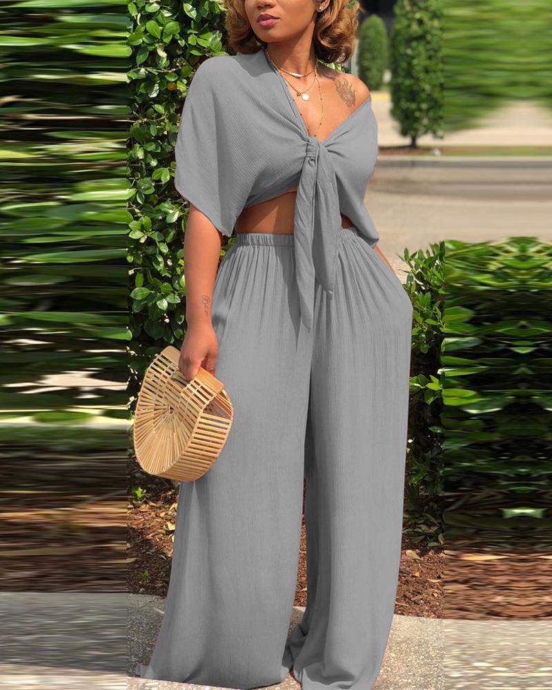 

Solid Color Tie Front Crop Top & Wide Leg Pants Set, Gray