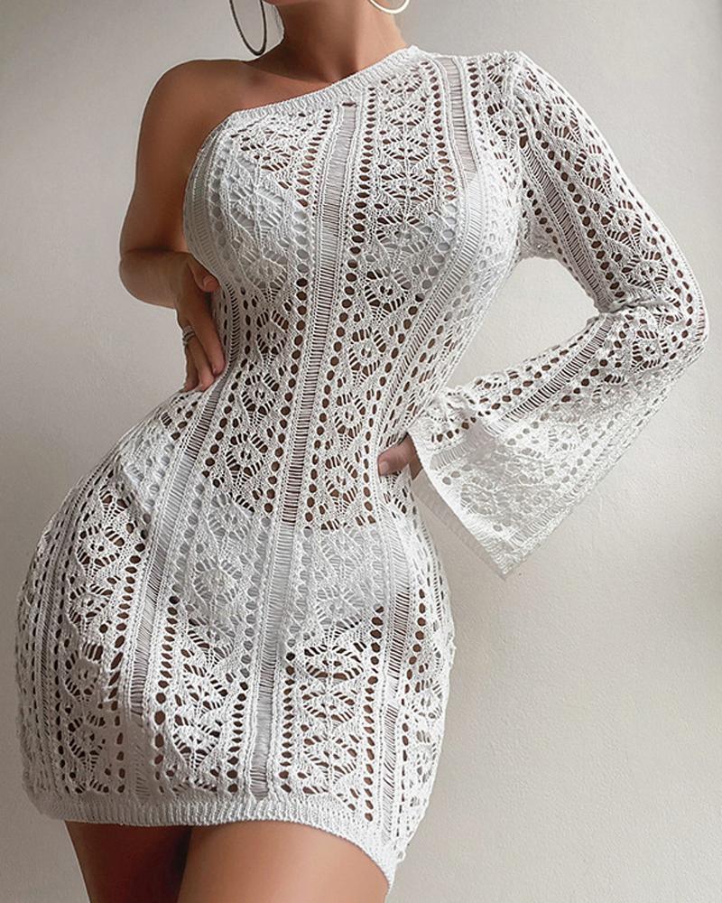 

One Shoulder Hollow Out Crochet Cover Up Beach Dress, White