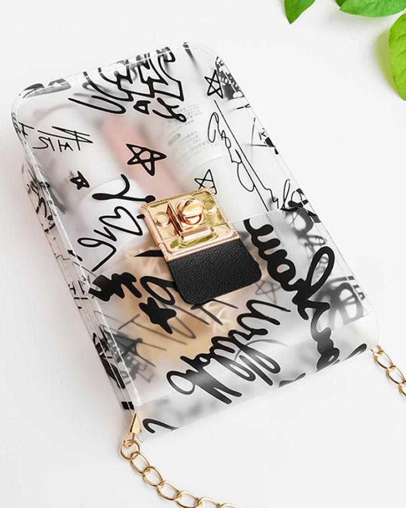 

Clear Twist Lock Letter Pattern Square Bag, Black