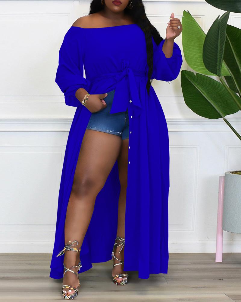 

Plus Size Off Shoulder Button Front Slit Maxi Dress, Blue