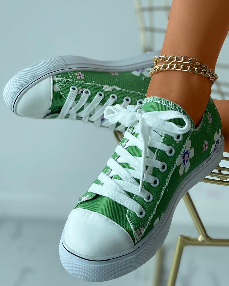 

Floral Print Eyelet Lace-up Canvas Shoes, Green