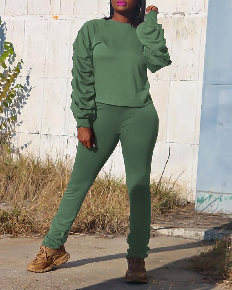 

Lantern Sleeve Ruched Top & High Waist Pants Set, Green