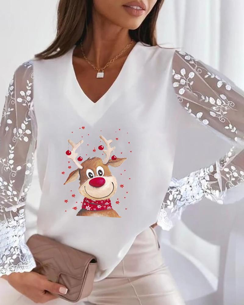 

Christmas Elk Print Sheer Mesh Lace Top, White