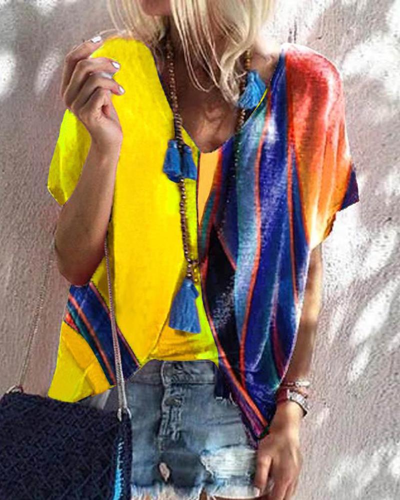 

V Neck Colorblock Short Sleeve T-Shirt, Yellow