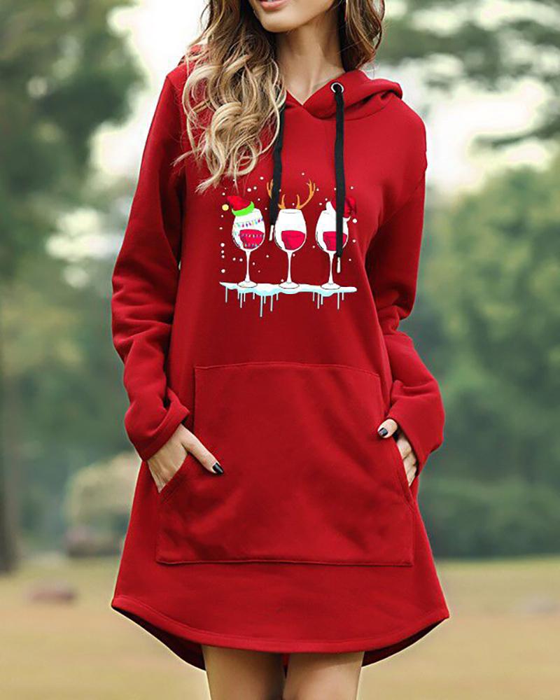 

Christmas Graphic Print Pocket Design Hooded Sweatshirt Dress, Red