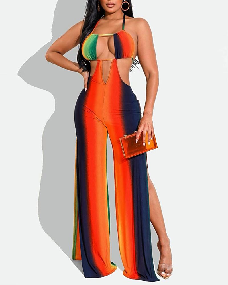 

Colorblock Halter Backless Cutout Slit Jumpsuit, Orange