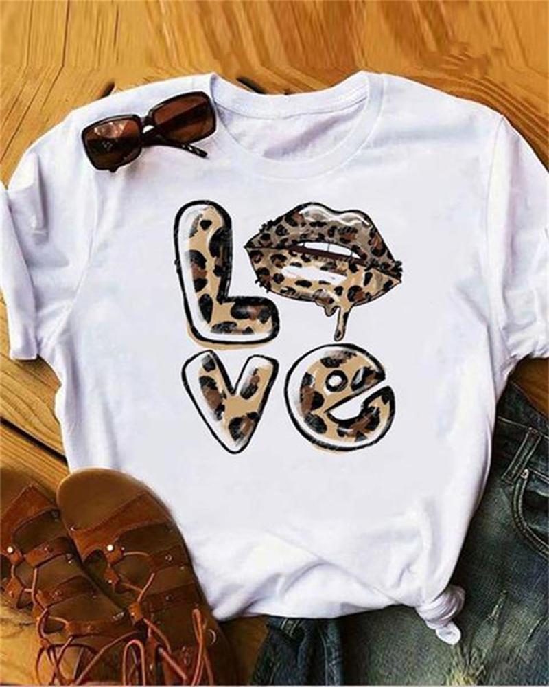 

Leopard Lip Print Short Sleeve Casual T-shirt, White