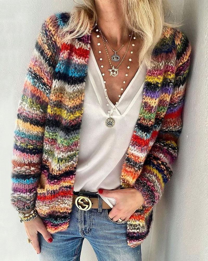 

Rainbow Stripe Chunky Knit Open Front Cardigan, Multicolor