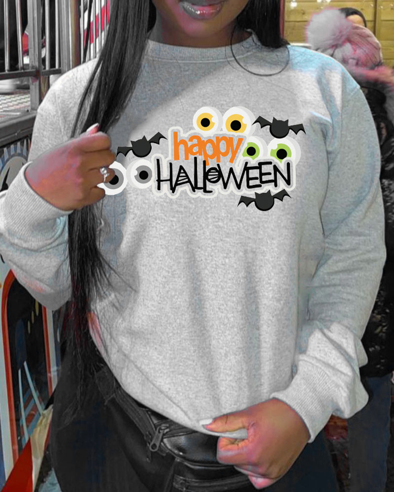 

Plus Size Halloween Graphic Bat Print Long Sleeve Sweatshirt, Gray