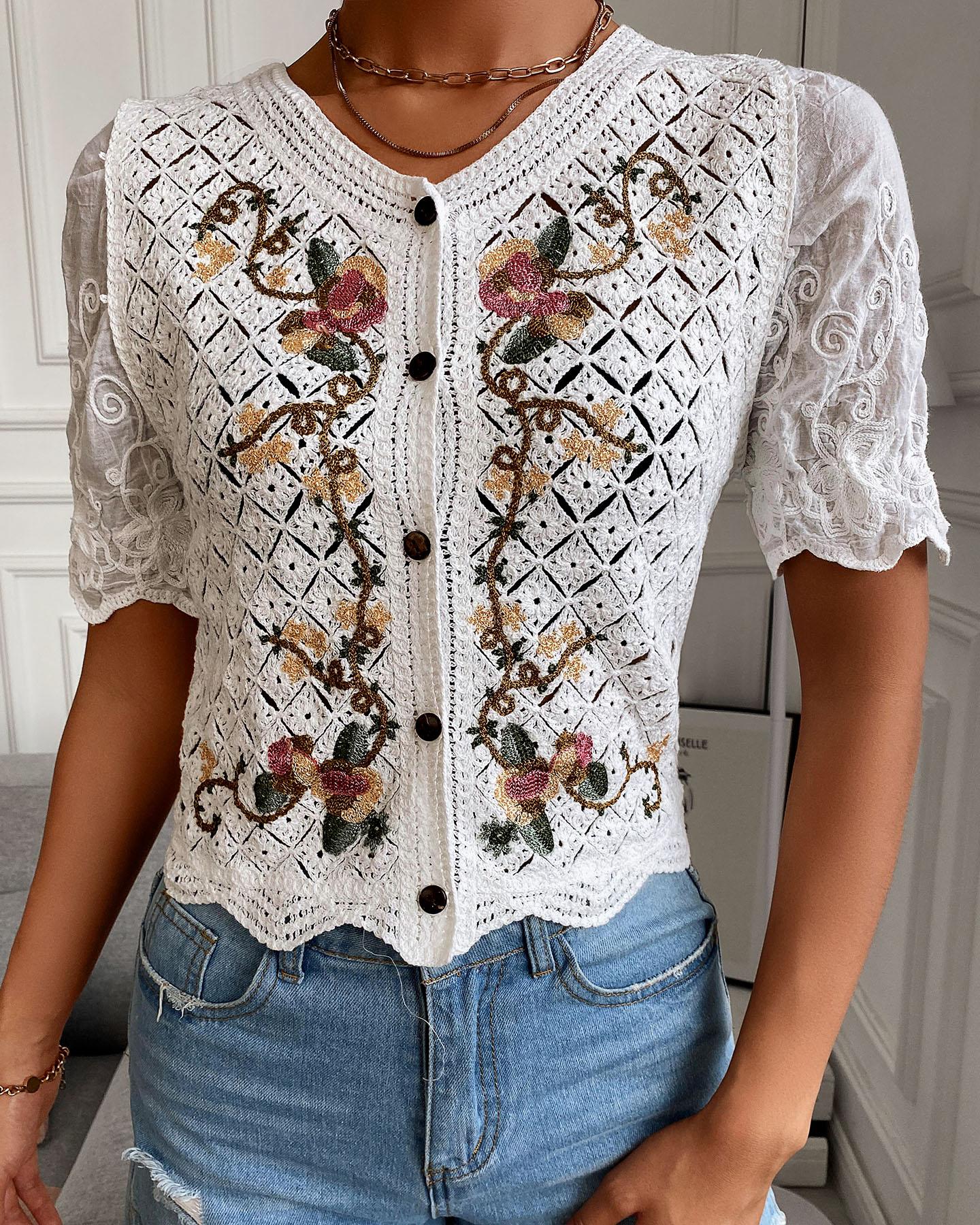 

Floral Embroidered Eyelet Button Front Lace Mesh Blouse, White