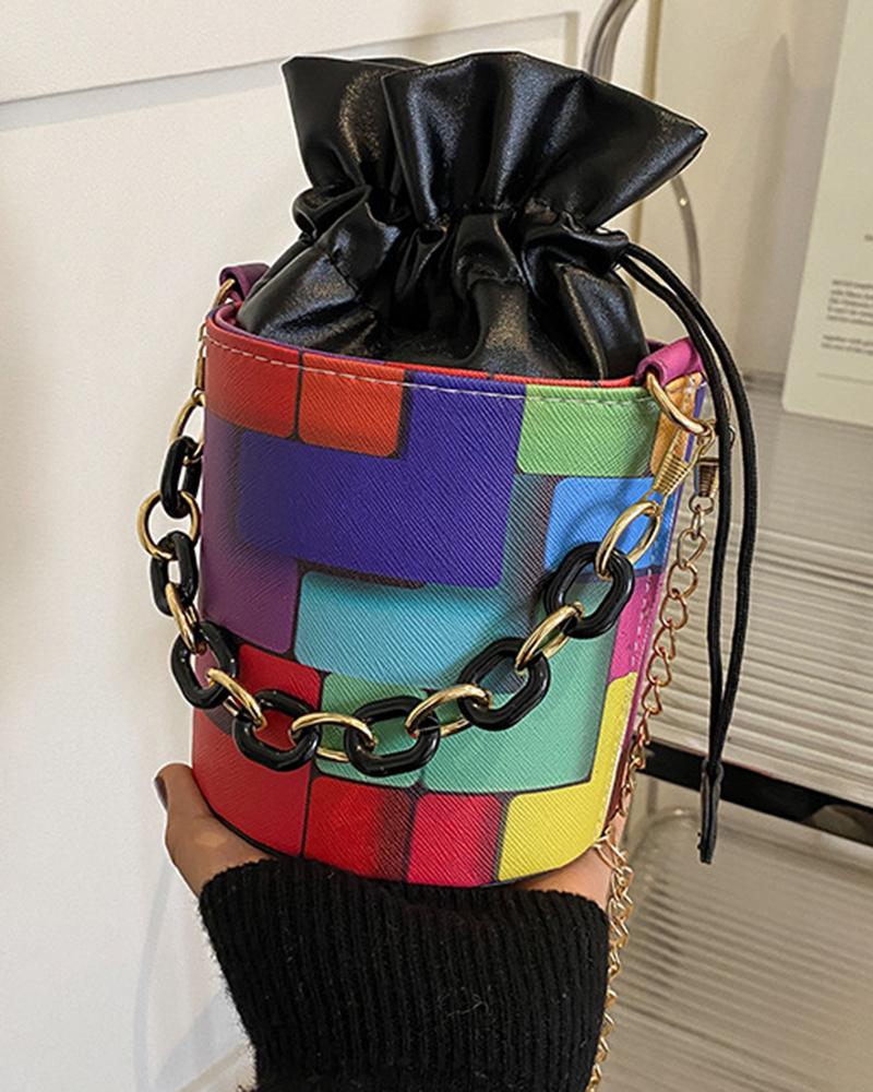 

Geometric Colorblock Drawstring Bucket Bag, Black
