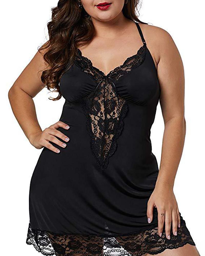 

Plus Size Lace Patch Spaghetti Strap Babydoll, Black