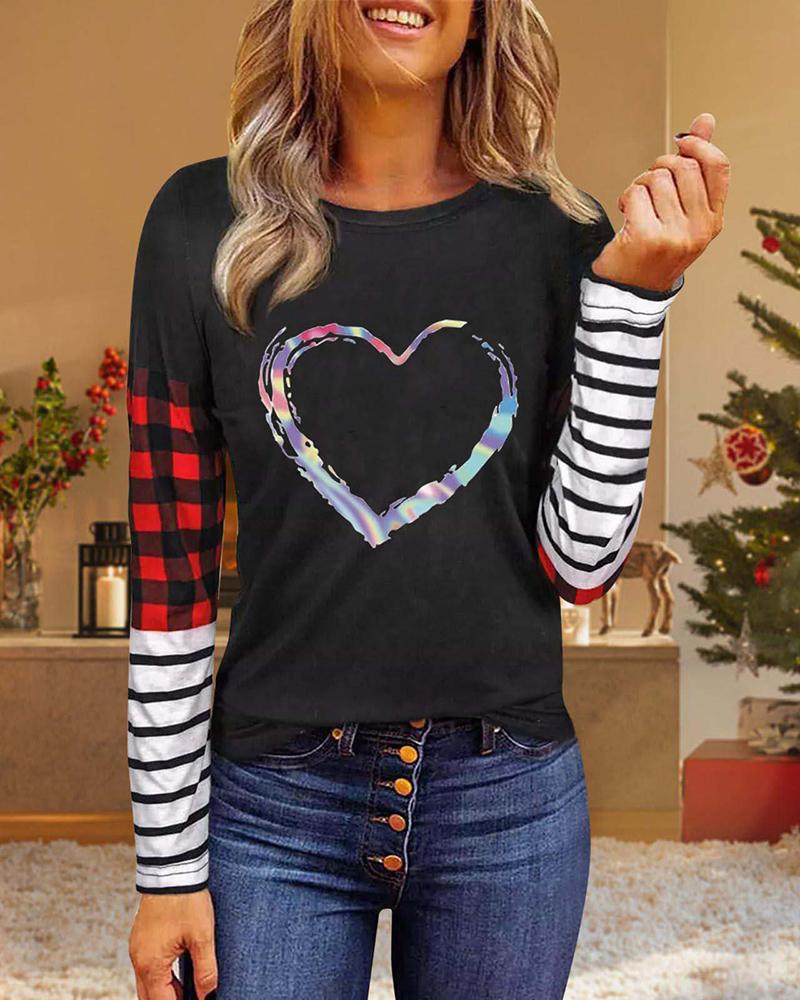 

Valentine' Day Striped Heart Plaid Print O-Neck Top, Style6
