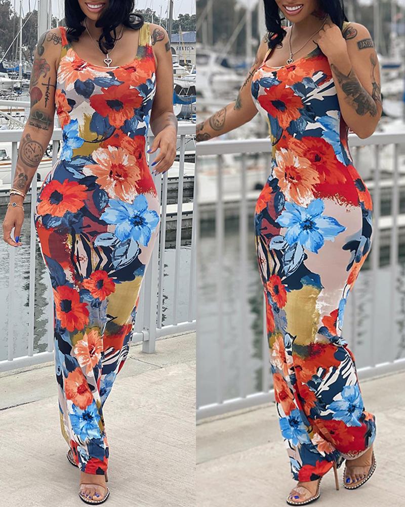 

Floral Print Sleeveless Bodycon Dress, Multicolor