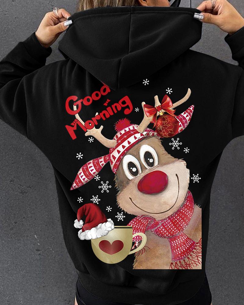 

Christmas Reindeer Letter Print Long Sleeve Hoodie, Black