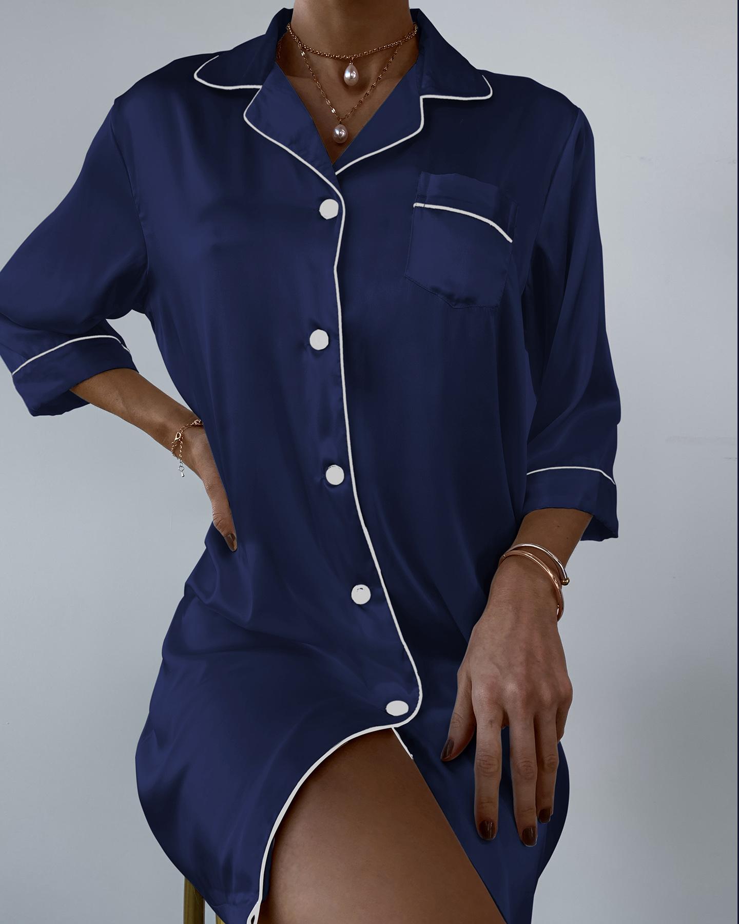 

Pocket Design Button Down Satin Nightgown, Dark blue