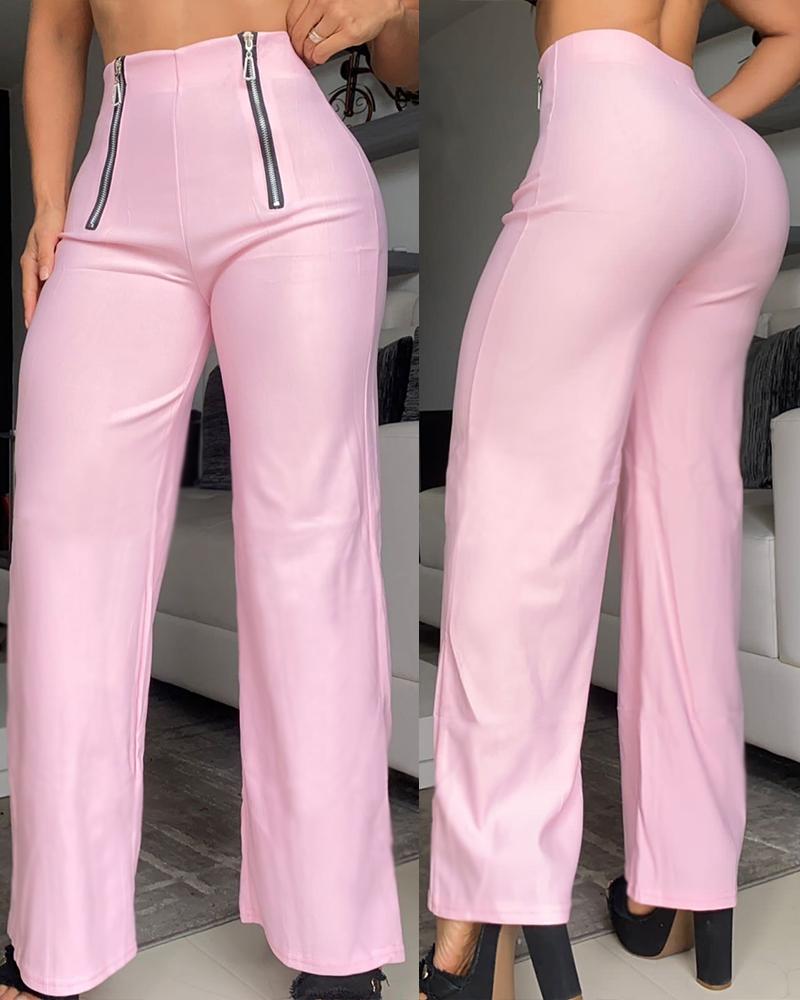 

Zipper Design High Waist Wide Leg Pants, Pink
