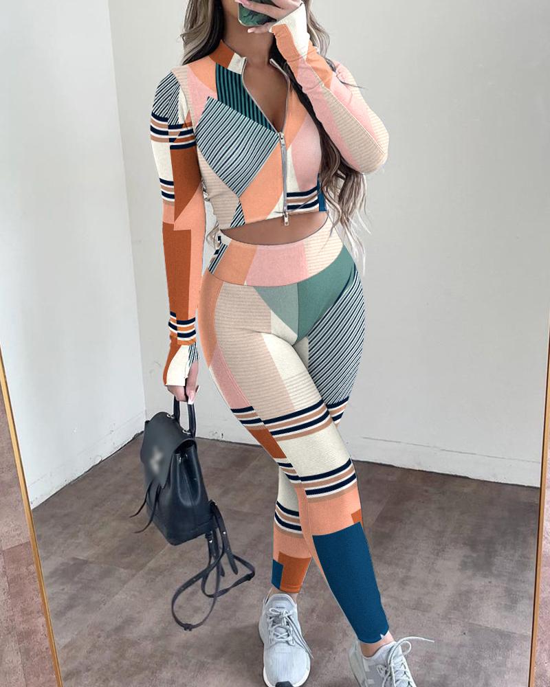 

Geometric Print Long Sleeve Zipper Up Crop Top & Skinny Pants Set, Multicolor