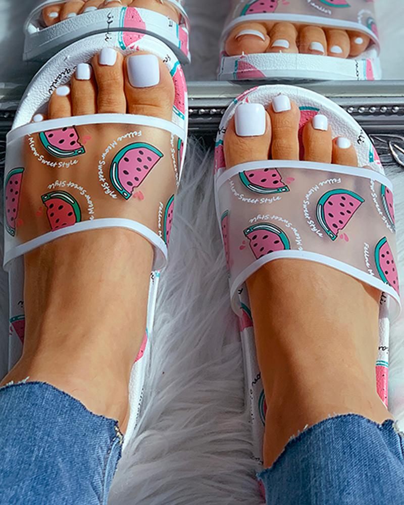 

Transparent Fruits Pattern Open Toe Flat Sandals, White