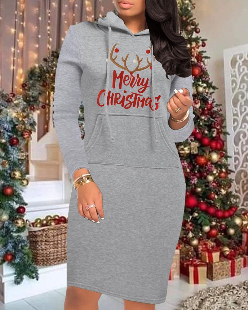 

Christmas Letter Elk Print Long Sleeve Sweatshirt Dress, Gray