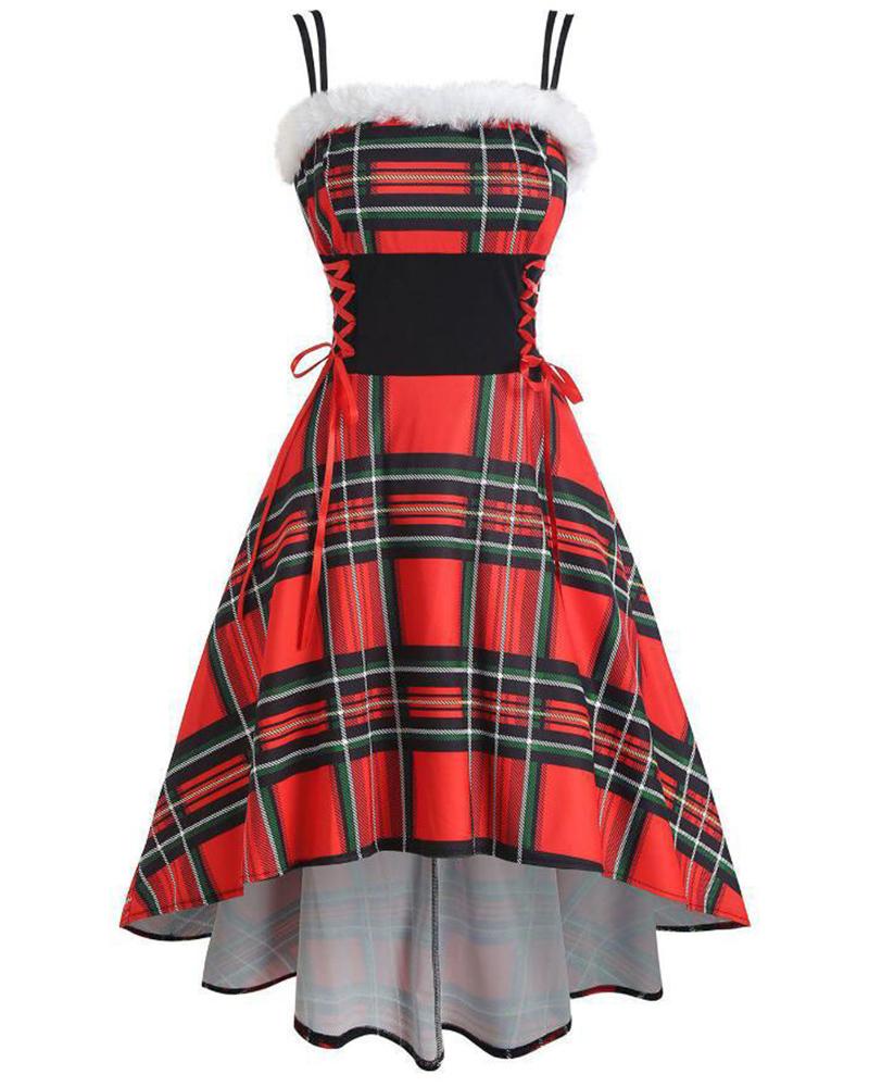 

Christmas Plaid Print Lace-up Fuzzy Trim Ruched Dress, Red