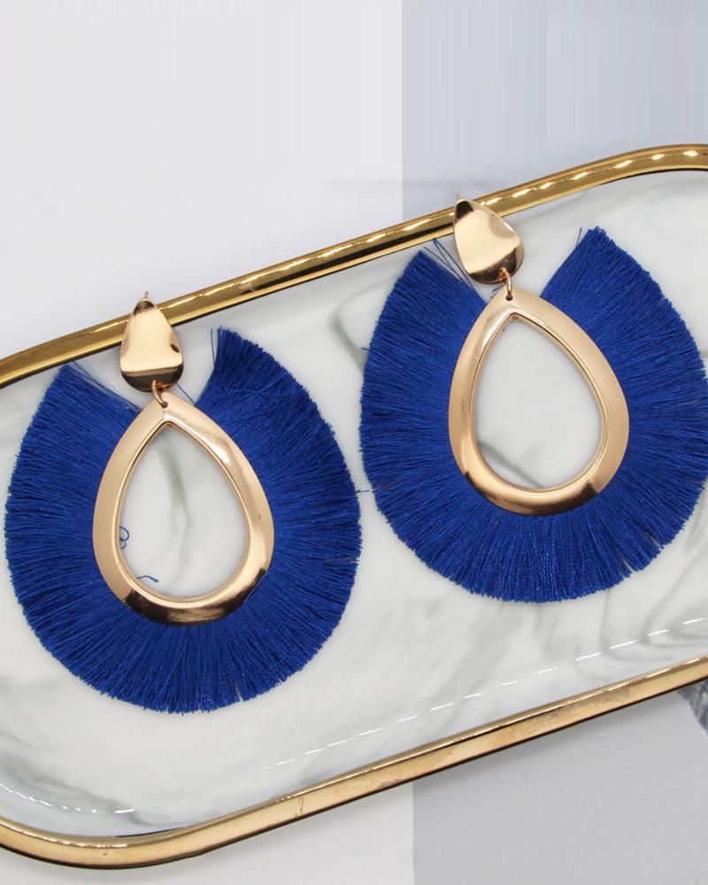 

1Pair Bohemian Tassel Design Hollow Waterdrop Hoop Earrings, Blue